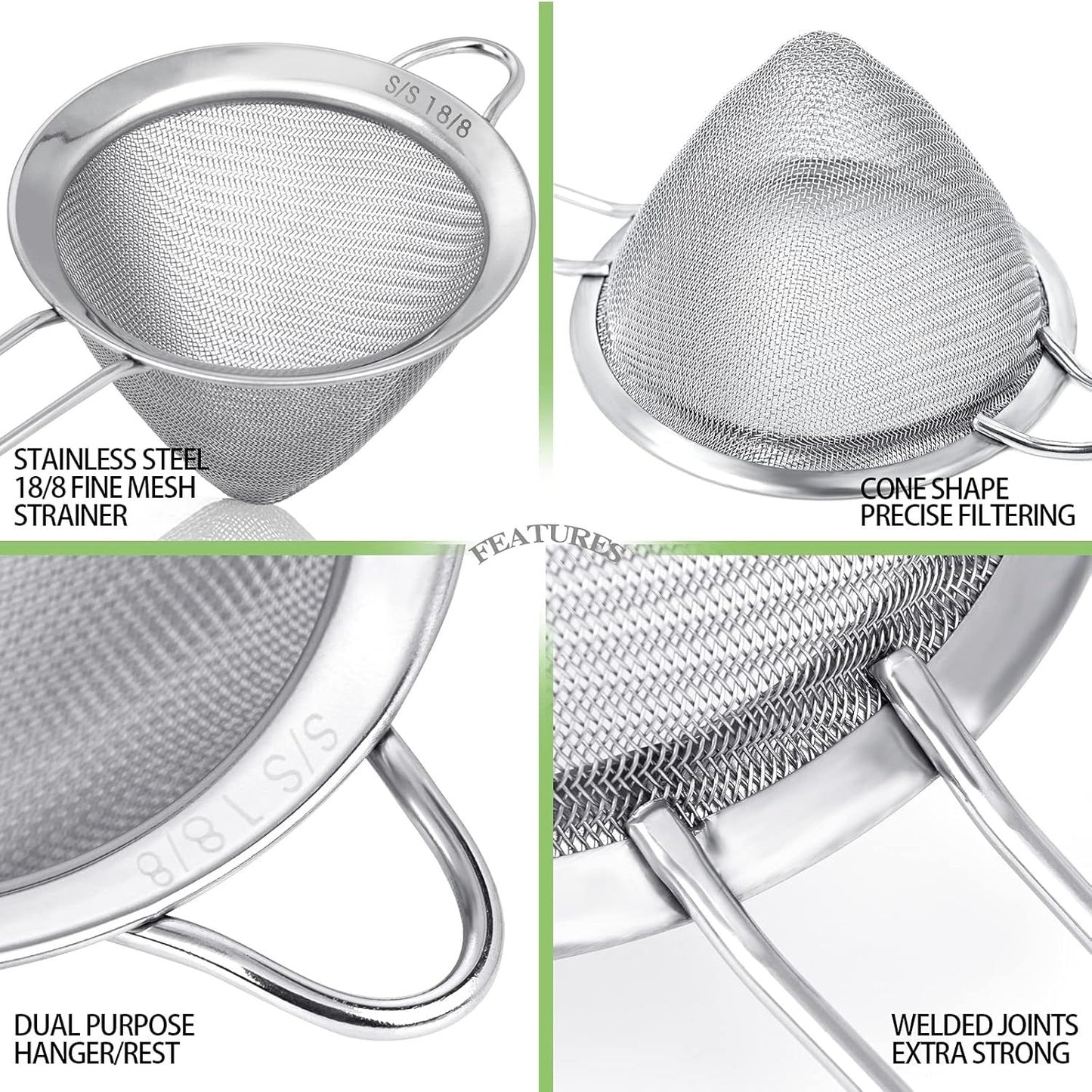2 Pack Stainless Steel 18/8 Small ood Strainer, ine Mesh Sieve with Long Handle, Cocktail Strainer or Cocktails, Tea Herbs, Coee & Drinks, Rust Proo & Great as Tea Strainer, 3.5inch