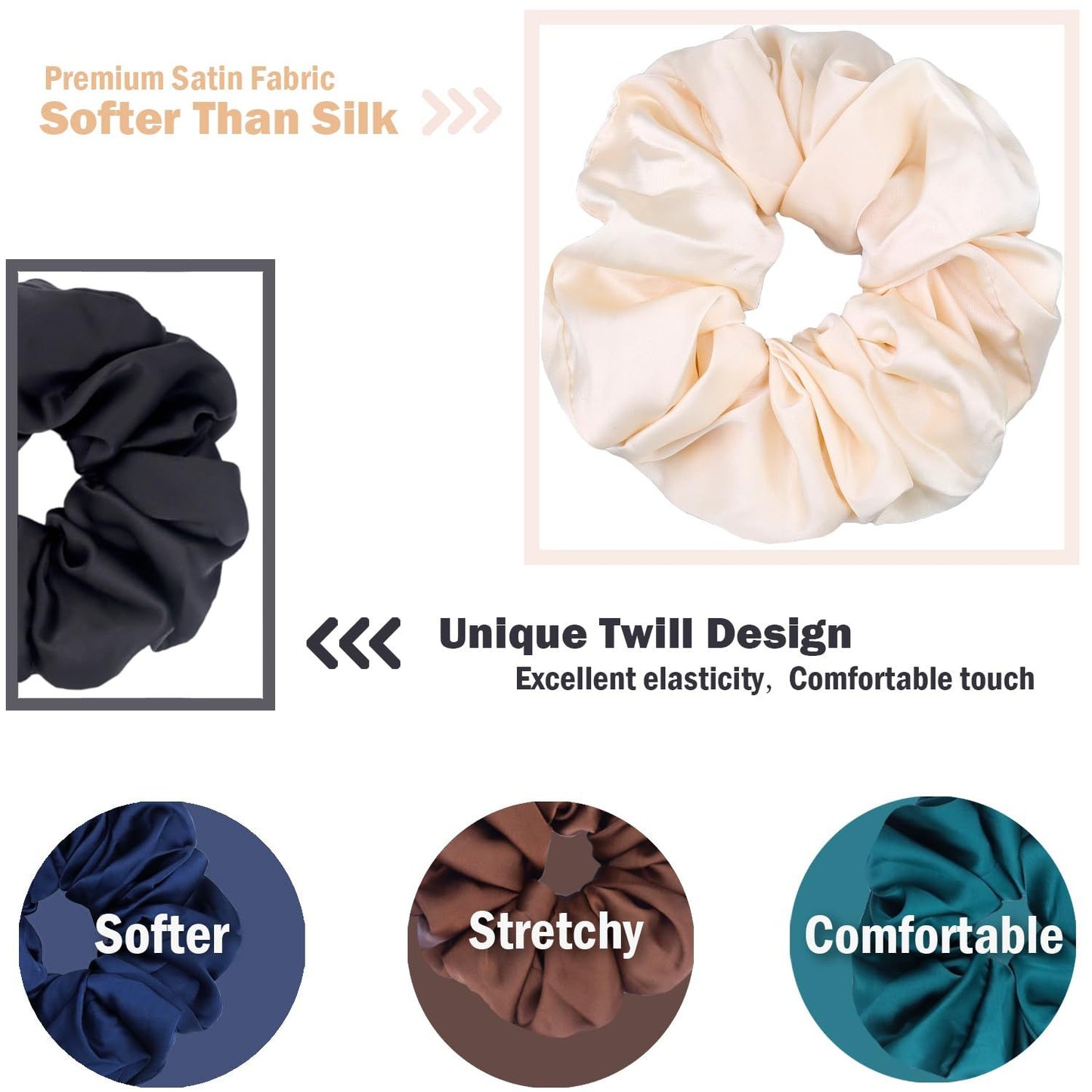 Big Scrunchies or Women Thick Hair, Premium Satin Soter than Silk, XL 6 Inch Extra Large Scrunchy Elastic Hair Bands Accessories, 6 Pack, Neutral
