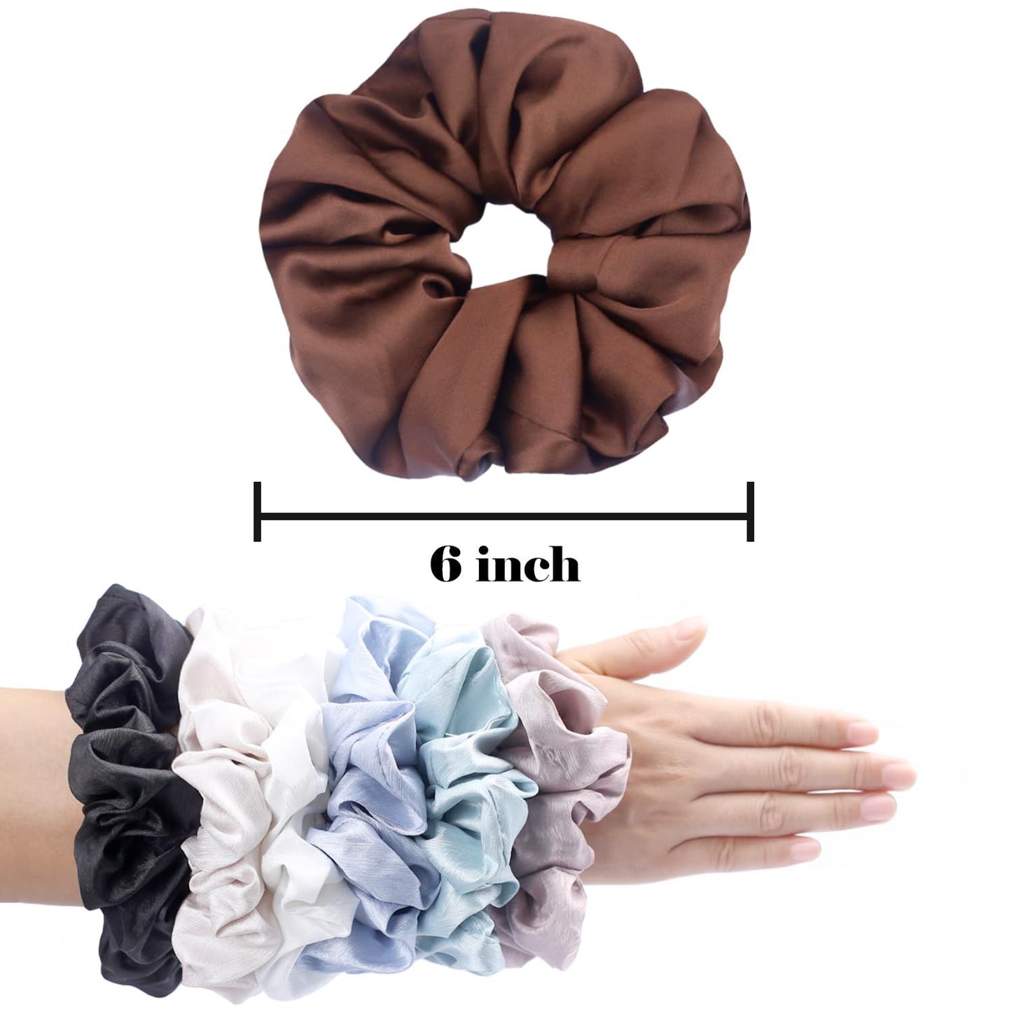 Big Scrunchies or Women Thick Hair, Premium Satin Soter than Silk, XL 6 Inch Extra Large Scrunchy Elastic Hair Bands Accessories, 6 Pack, Neutral