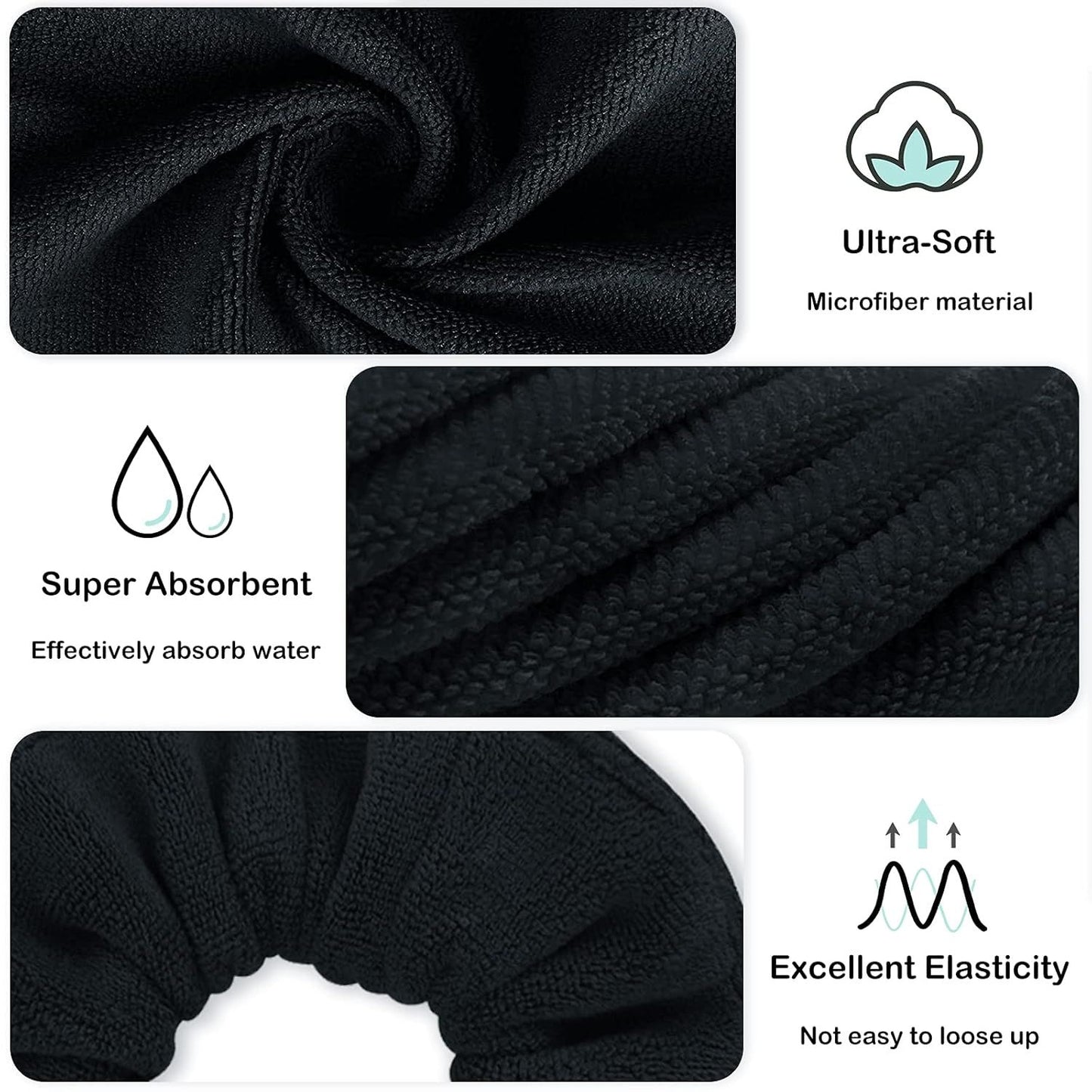 Super Towel Scrunchies or Drying Hair, Absorbent and Sot Microiber or rizz ree, Large Thick Ponytail Holder Wet Hair Accessories or Women and Girls, 4 PCS (Black)
