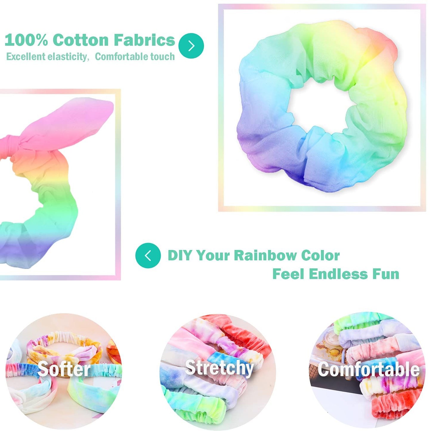 White Scrunchies or Tie Dye, DIY Cotton Bow Scrunchies, Headbands, 3 Kinds o Party Activities Hair Accessories or Girls and Women, 20 Pieces