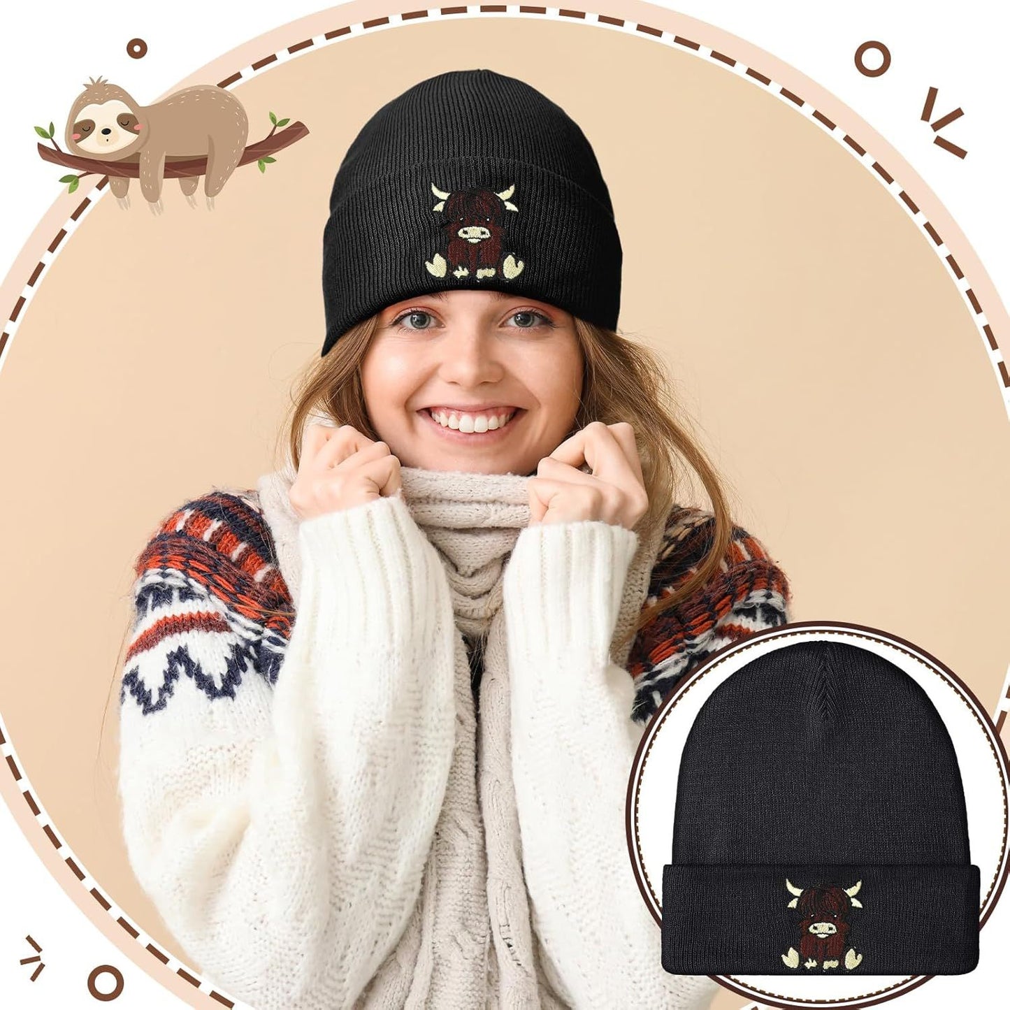 Black Highland Cow Beanie Winter Hat or Women Cute Beanie Womens Winter Hat Gits or Women Gits Animal Lovers