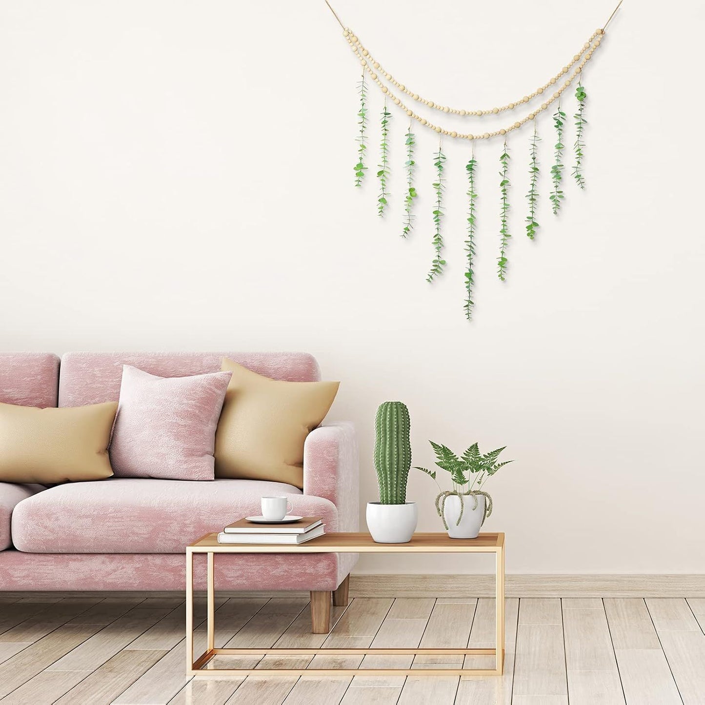 Hanging Eucalyptus Boho Wall Decor Large Boho Bedroom Wall Hanging Wooden Bead Garland Artiicial Eucalyptus Natural Greenery Decoration, 36 x 36 Inch
