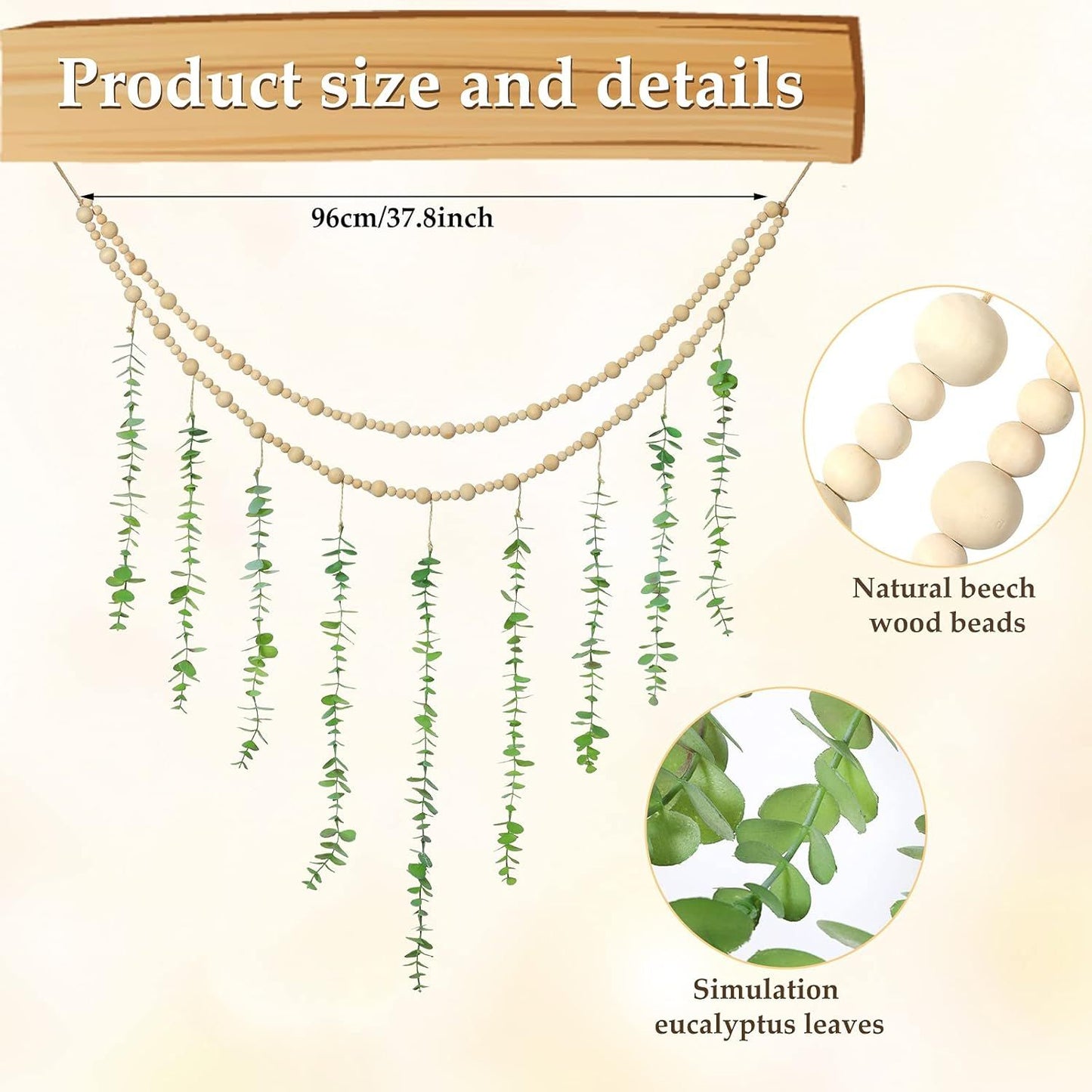 Hanging Eucalyptus Boho Wall Decor Large Boho Bedroom Wall Hanging Wooden Bead Garland Artiicial Eucalyptus Natural Greenery Decoration, 36 x 36 Inch