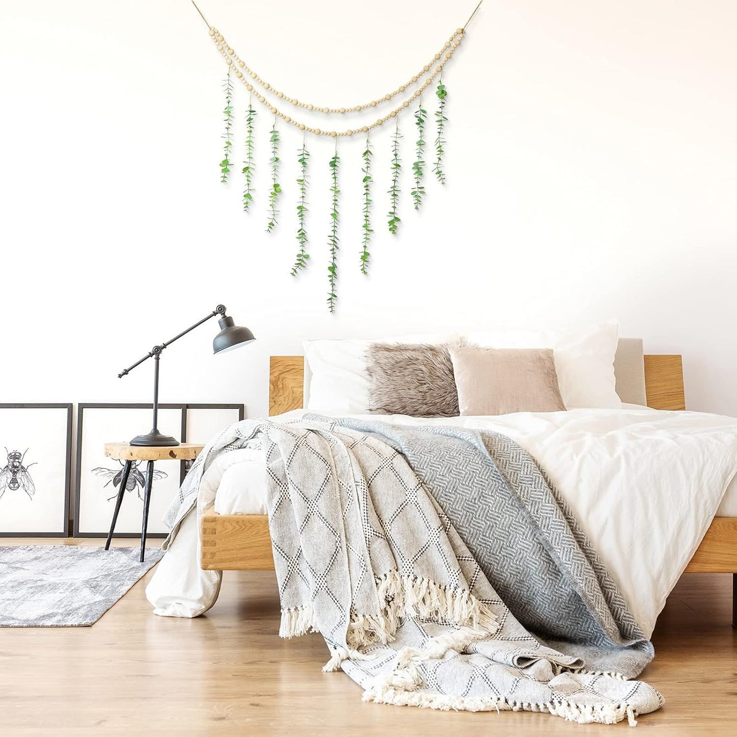 Hanging Eucalyptus Boho Wall Decor Large Boho Bedroom Wall Hanging Wooden Bead Garland Artiicial Eucalyptus Natural Greenery Decoration, 36 x 36 Inch