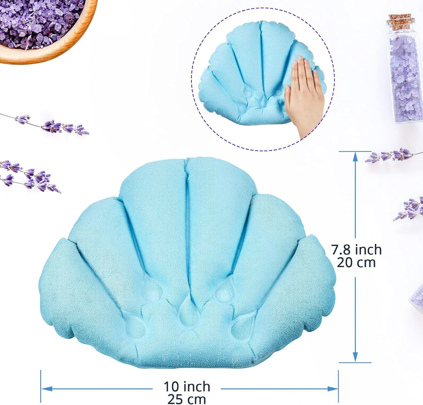 2 Pieces Inlatable Bath Pillow with Suction Cups, Terry Cloth Covered Bath Pillow Shell Shape Bathtub Spa Pillow Comortable Sot Bath Cushion, Neck Support or Bathtub, Hot Tub, Home Spa Tub
