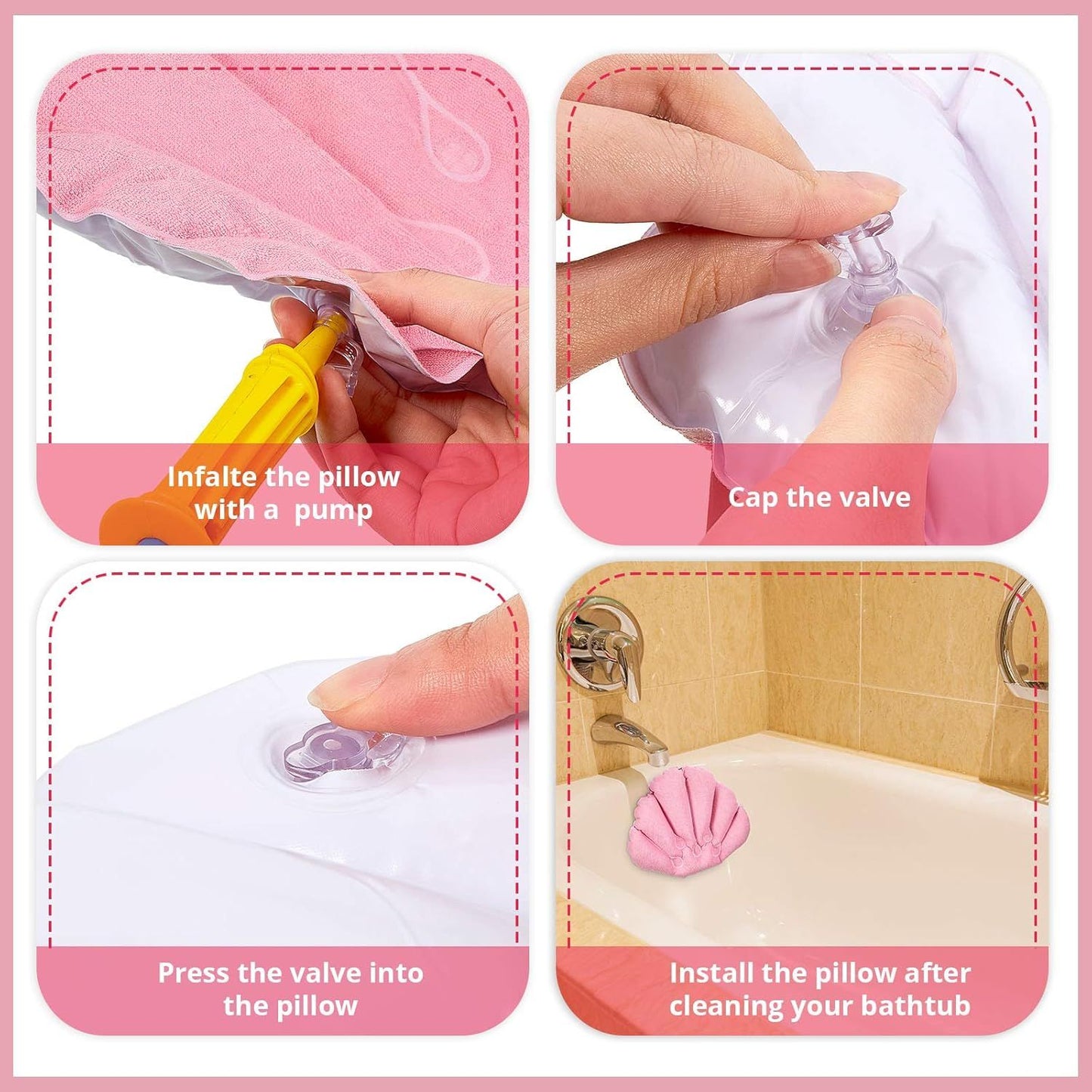 2 Pieces Inlatable Bath Pillow with Suction Cups, Terry Cloth Covered Bath Pillow Shell Shape Bathtub Spa Pillow Comortable Sot Bath Cushion, Neck Support or Bathtub, Hot Tub, Home Spa Tub