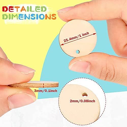 200 Pieces Uninished Blank Wood Circle Pendants Round Disc Circle Wood Pieces Round Wooden Disk with Hole Small Wooden Pendant or Crat Decoration Embellishment (Diameter 1 Inch, Aperture 0.08 Inch)
