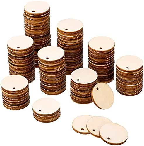 200 Pieces Uninished Blank Wood Circle Pendants Round Disc Circle Wood Pieces Round Wooden Disk with Hole Small Wooden Pendant or Crat Decoration Embellishment (Diameter 1 Inch, Aperture 0.08 Inch)