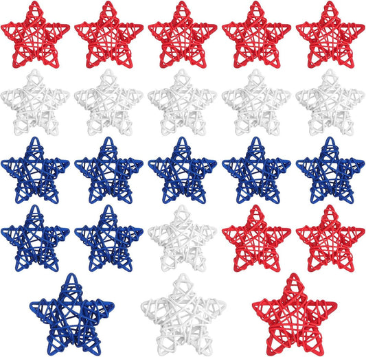 24 Pcs 4th o July Natural Rattan Stars Decoration 250th Anniversary Memorial Day Patriotic Red White Blue Wicker Rattan Stars or Vase Bowl iller Home DIY Crat Ornament Hanging Table Decor