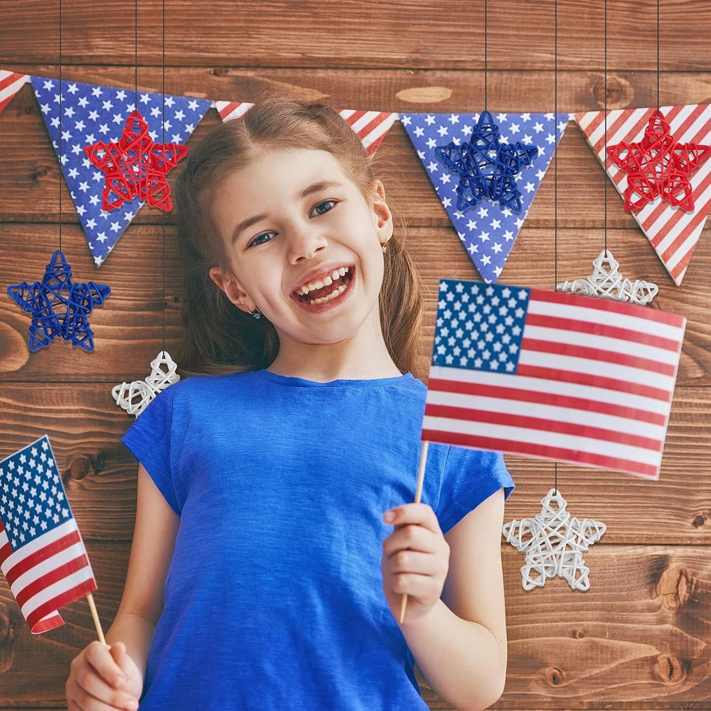 24 Pcs 4th o July Natural Rattan Stars Decoration 250th Anniversary Memorial Day Patriotic Red White Blue Wicker Rattan Stars or Vase Bowl iller Home DIY Crat Ornament Hanging Table Decor