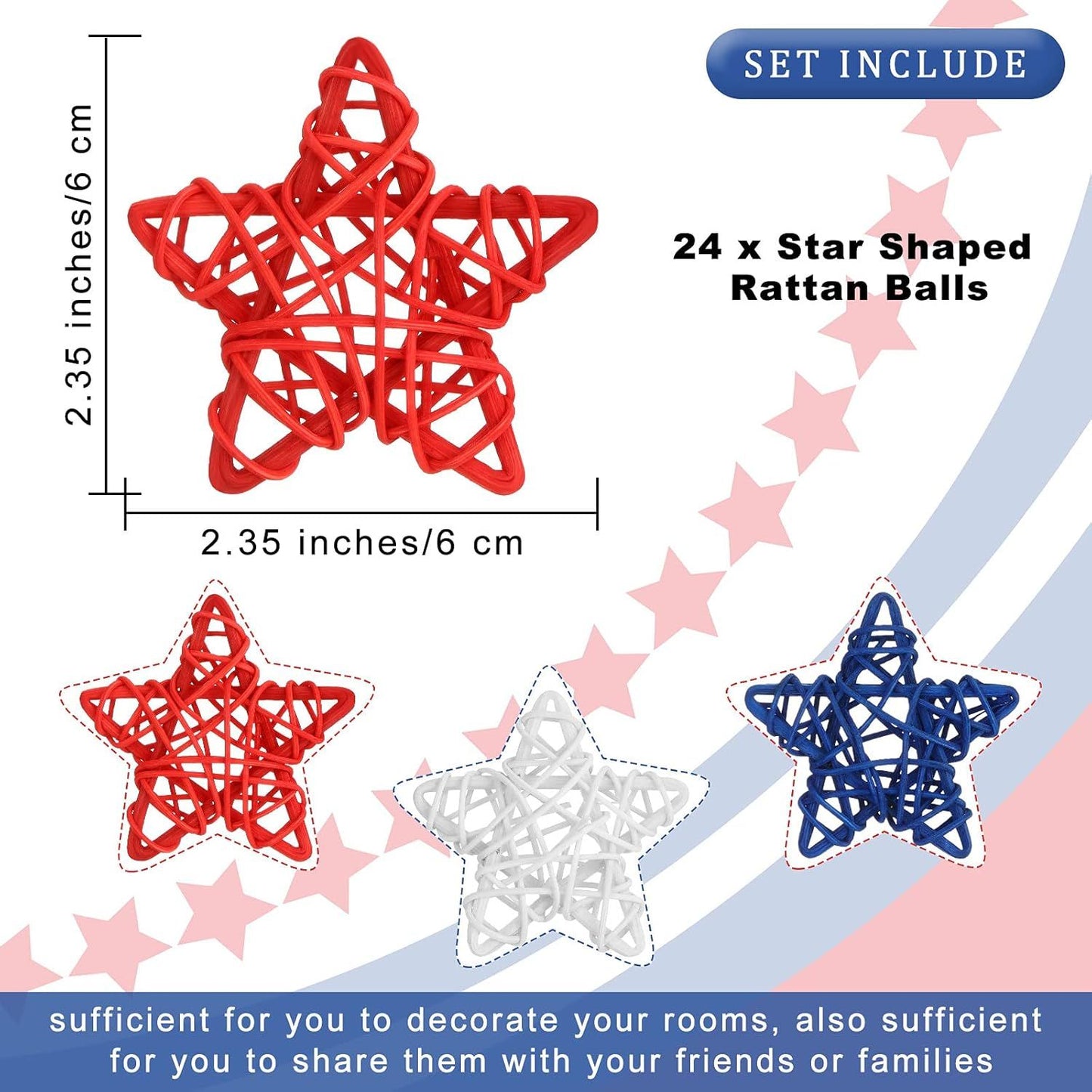 24 Pcs 4th o July Natural Rattan Stars Decoration 250th Anniversary Memorial Day Patriotic Red White Blue Wicker Rattan Stars or Vase Bowl iller Home DIY Crat Ornament Hanging Table Decor