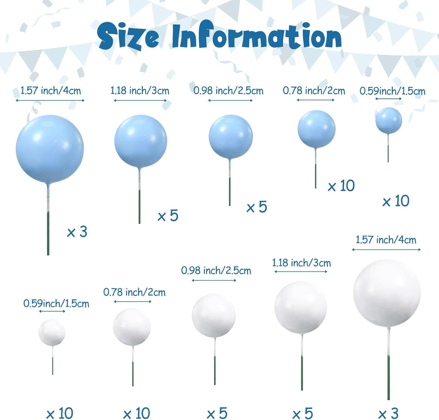 66 Pcs Ball Cake Topper Decorations Mini Balloon Sticks DIY Cake Picks Insert oam Balls or Graduation Wedding Party Birthday Decorating Supplies(Blue, White)
