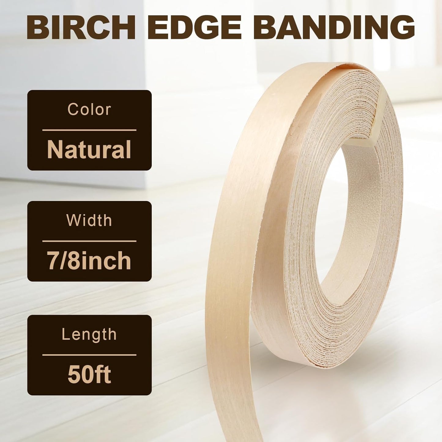 Biaungdo Birch Edge Banding 7/8 Inch x 50ft, Wood Veneer Roll Tape Banding Pre-Glued, Iron-on Veneer Edging Band Strips for Cabinet, Furniture Restoration