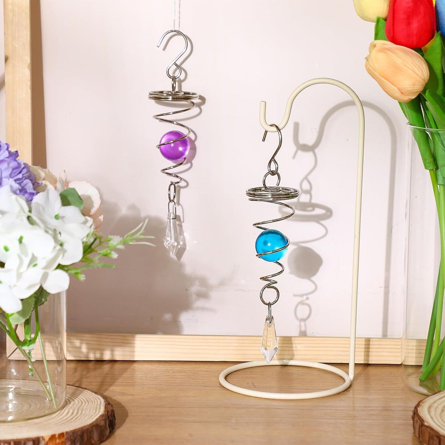 2 Pieces Gazing Ball Spiral Tail Decorative Wind Spinner Stabilizer Stainless Steel Indoor Outdoor Hanging Wind Ball Spinner with Hanging Swivel Hook or Garden Decoration(Purple, Dark Blue)