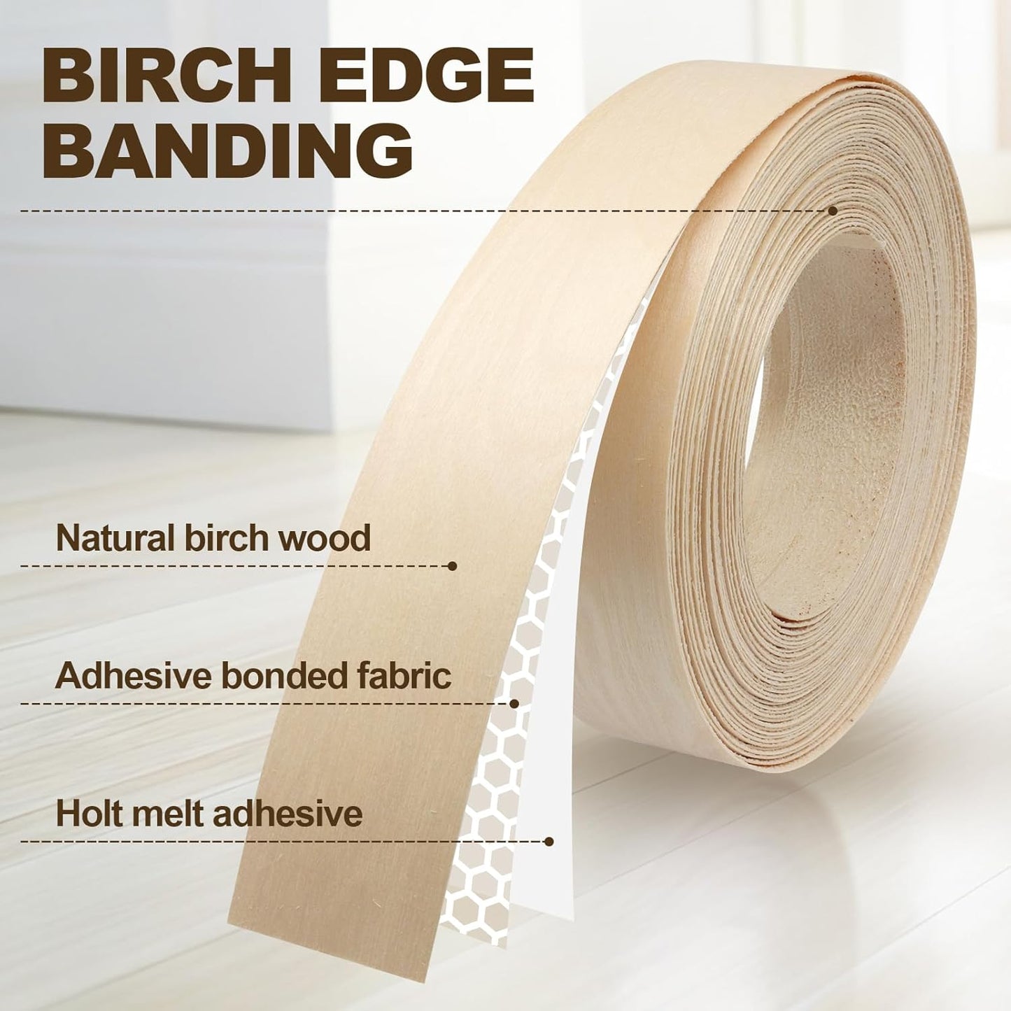 Biaungdo Birch Edge Banding 1-1/2 Inch x 50ft, Wood Veneer Roll Tape Banding Pre-Glued, Iron-on Veneer Edging Band Strips for Cabinet, Furniture Restoration