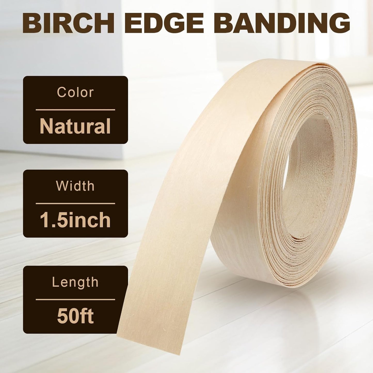 Biaungdo Birch Edge Banding 1-1/2 Inch x 50ft, Wood Veneer Roll Tape Banding Pre-Glued, Iron-on Veneer Edging Band Strips for Cabinet, Furniture Restoration