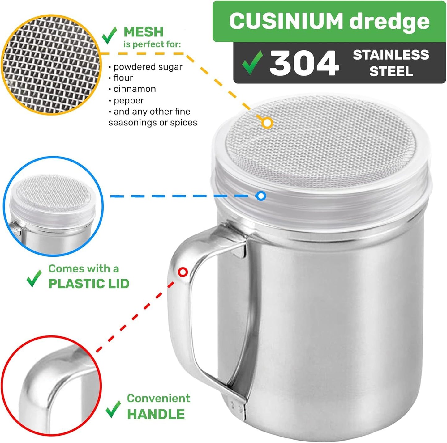 Powdered Sugar Shaker Duster - With Handle - Cinnamon Shaker or Coee Bar - ine Mesh Dredge - 6 ounce, pack o 2 | Style: ine