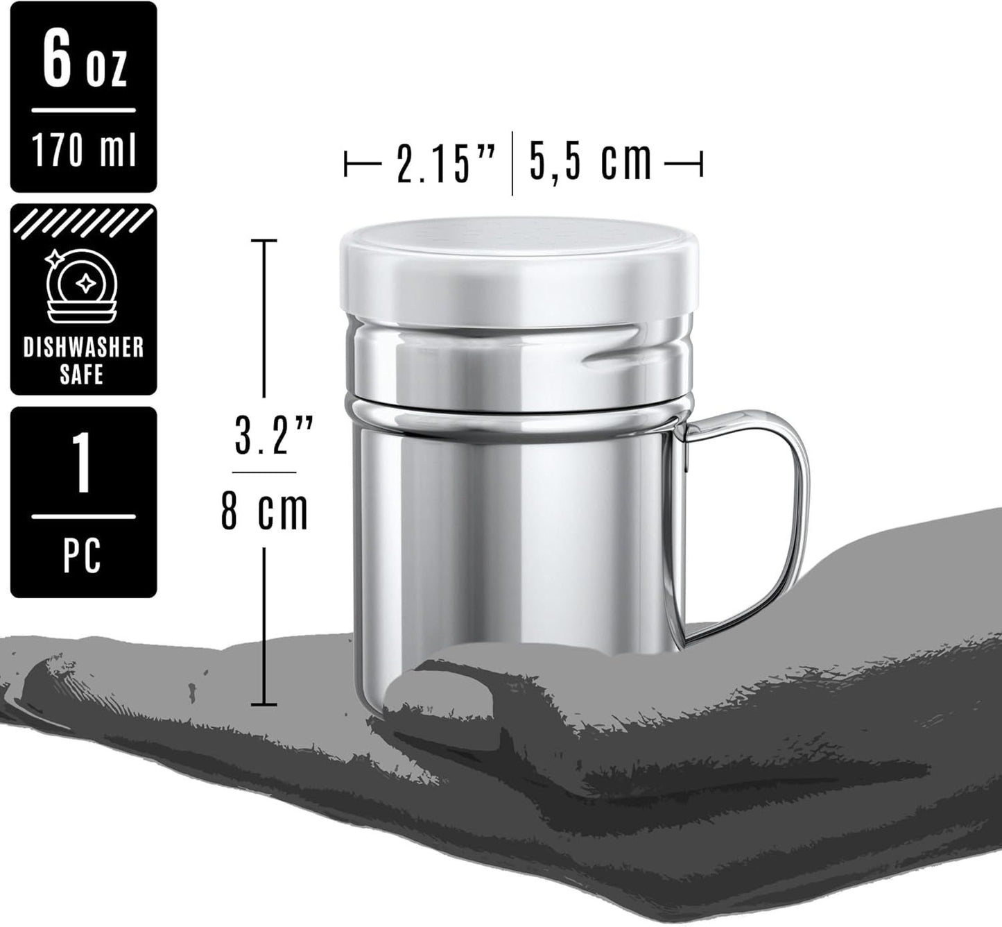6 oz Powdered Sugar Shaker Duster + 6 oz Stainless Steel Salt Pepper Dredge Shaker - All with Plastic Caps and Handles Bundle