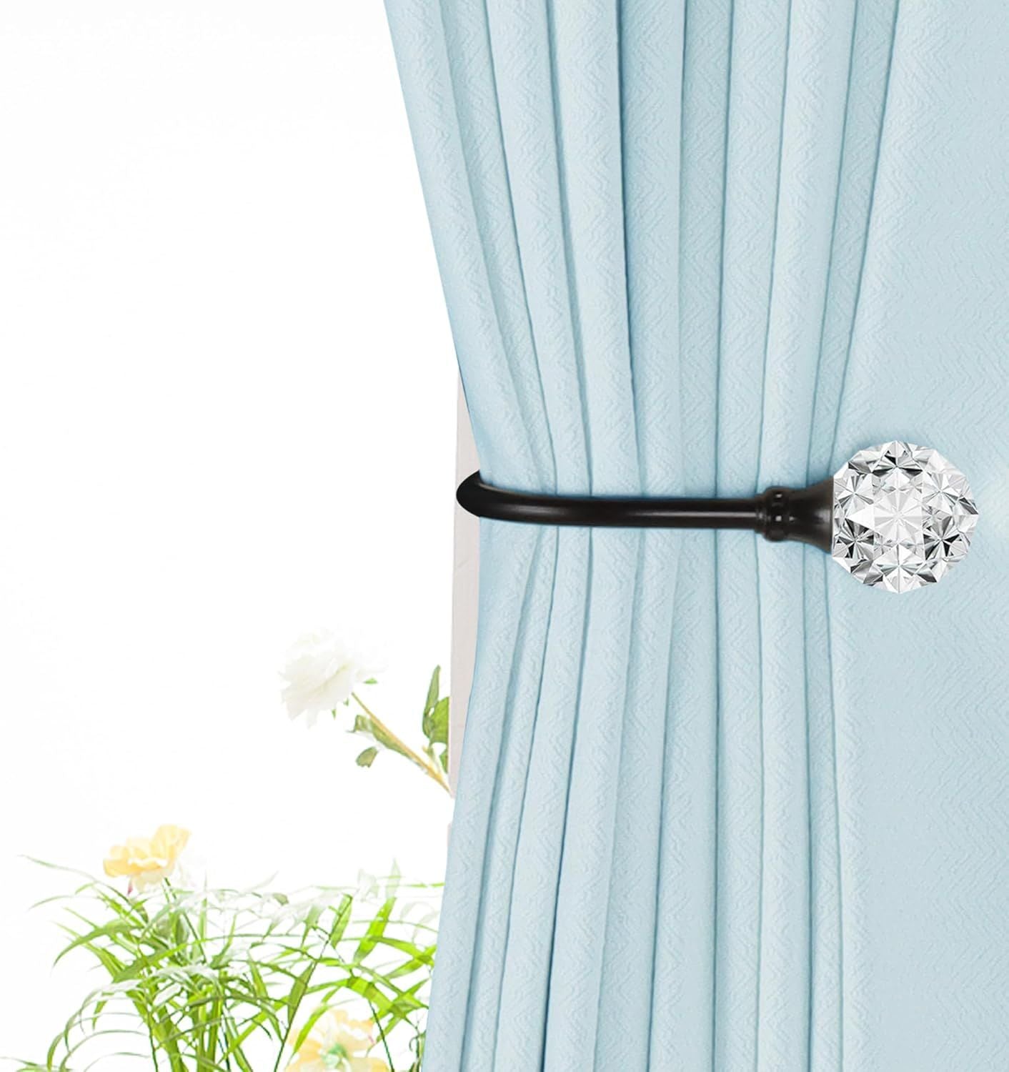 2 x Heavy Duty U Shaped Metal Curtain Holdbacks Curtain Tiebacks with Clear Crystal Ball Pull Backs Curtain Holders or Drapes (Black)