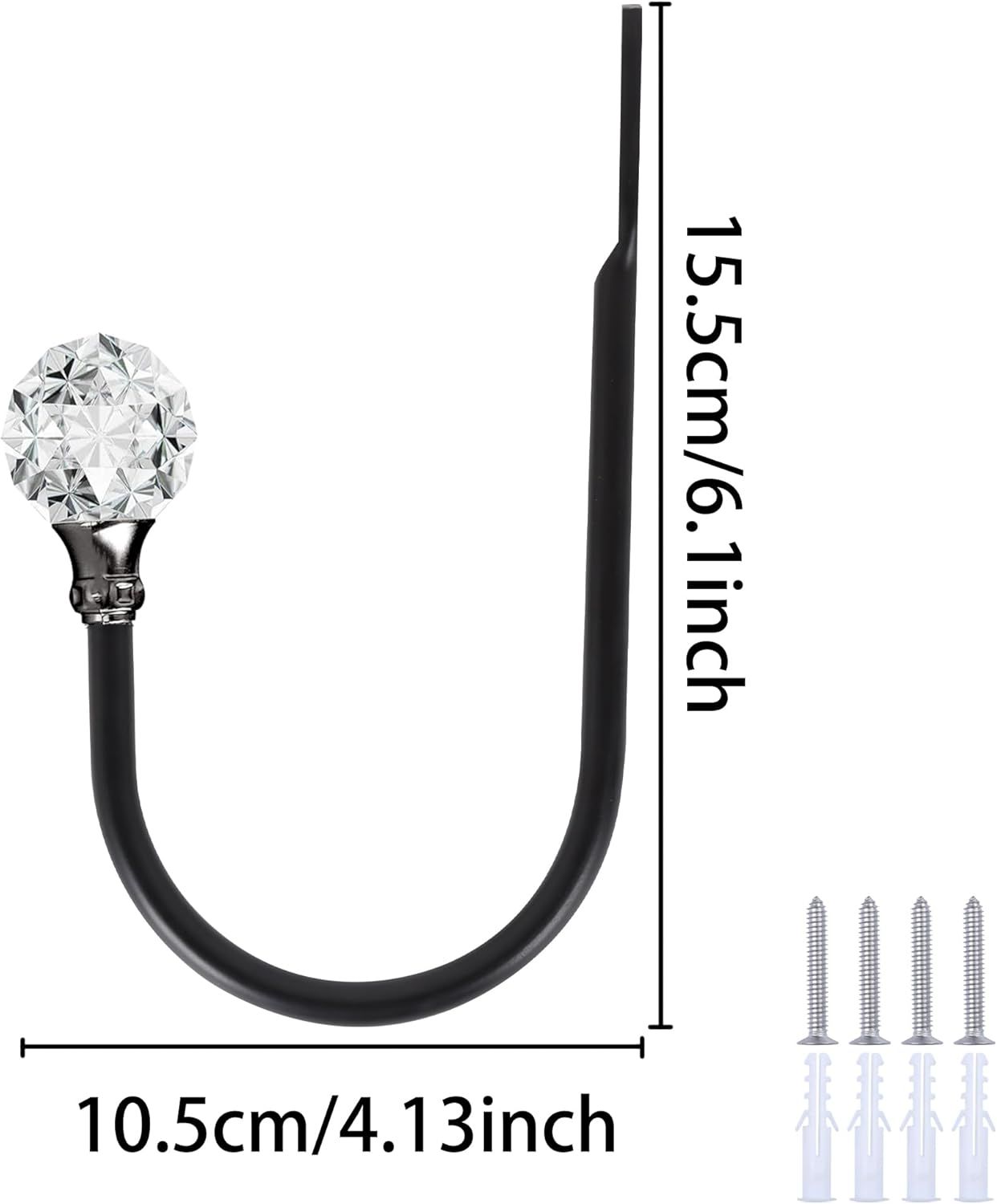 2 x Heavy Duty U Shaped Metal Curtain Holdbacks Curtain Tiebacks with Clear Crystal Ball Pull Backs Curtain Holders or Drapes (Black)