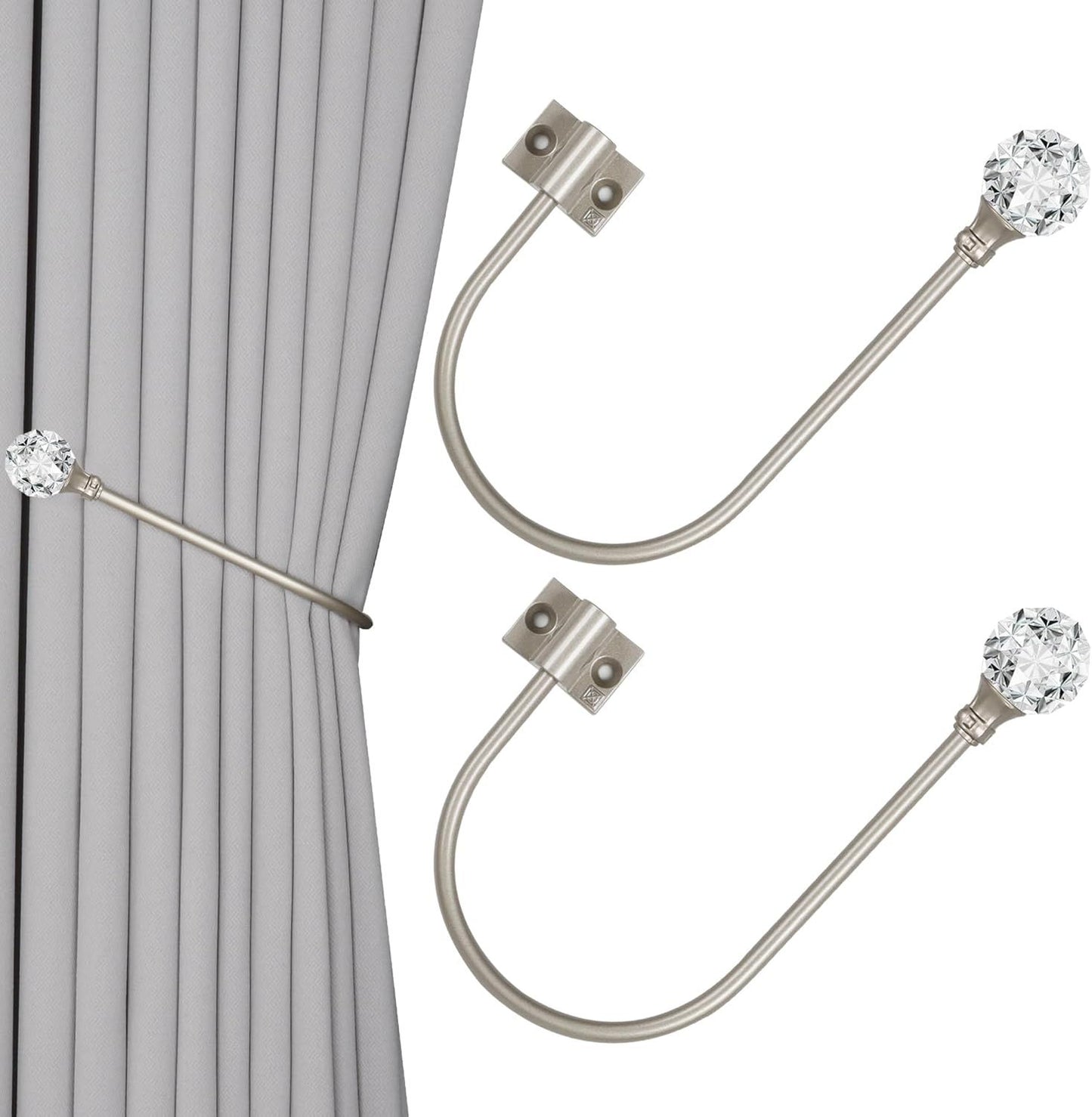 Upgraded Curtain Tiebacks Set o 2 - Wall Mounted Heavy Duty Adjustable Curtain Holdbacks or Heavy Curtains,U-Shaped Curtain Pull Backs with 180°lexible Angle (2, Silver with Crystal Ball)