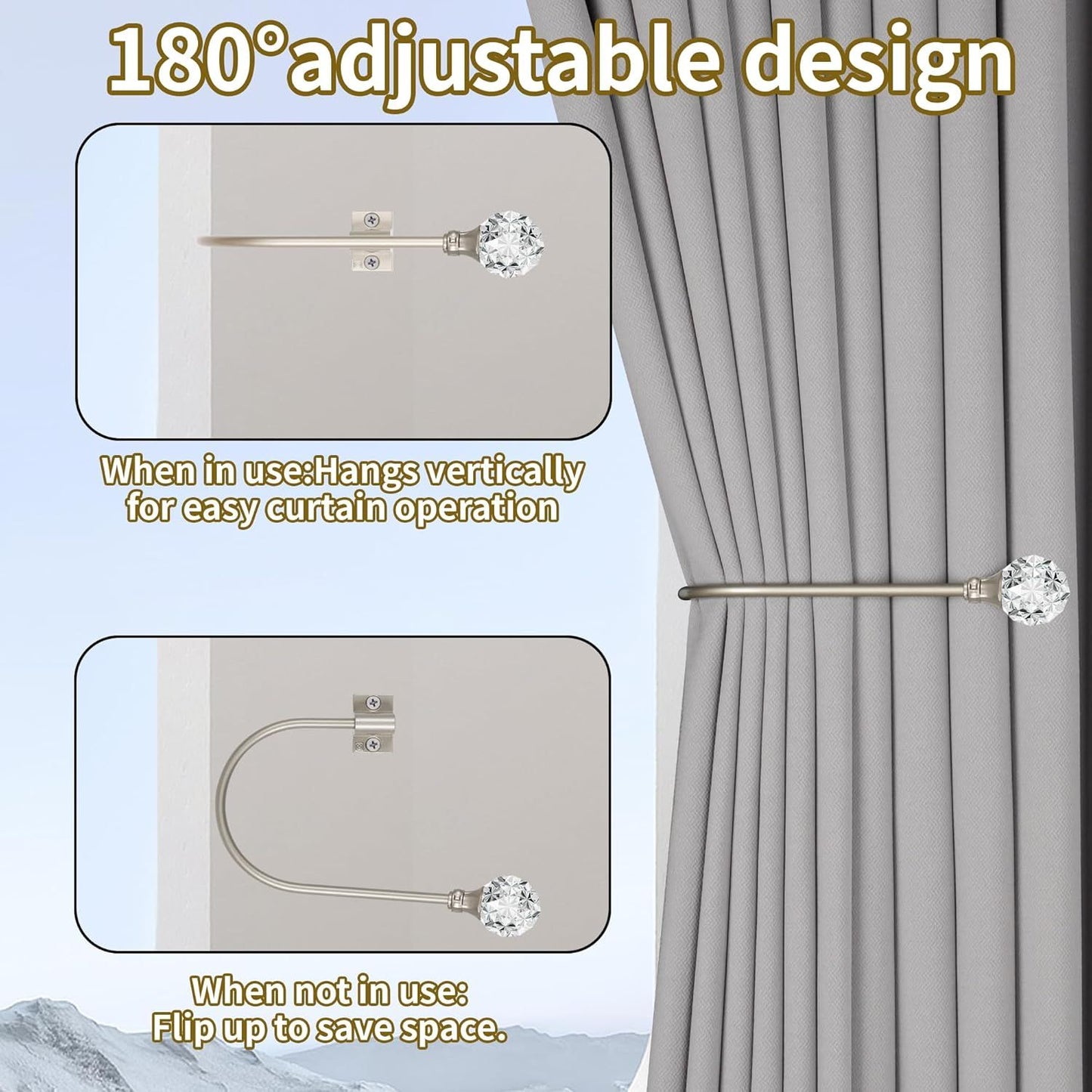 Upgraded Curtain Tiebacks Set o 2 - Wall Mounted Heavy Duty Adjustable Curtain Holdbacks or Heavy Curtains,U-Shaped Curtain Pull Backs with 180°lexible Angle (2, Silver with Crystal Ball)