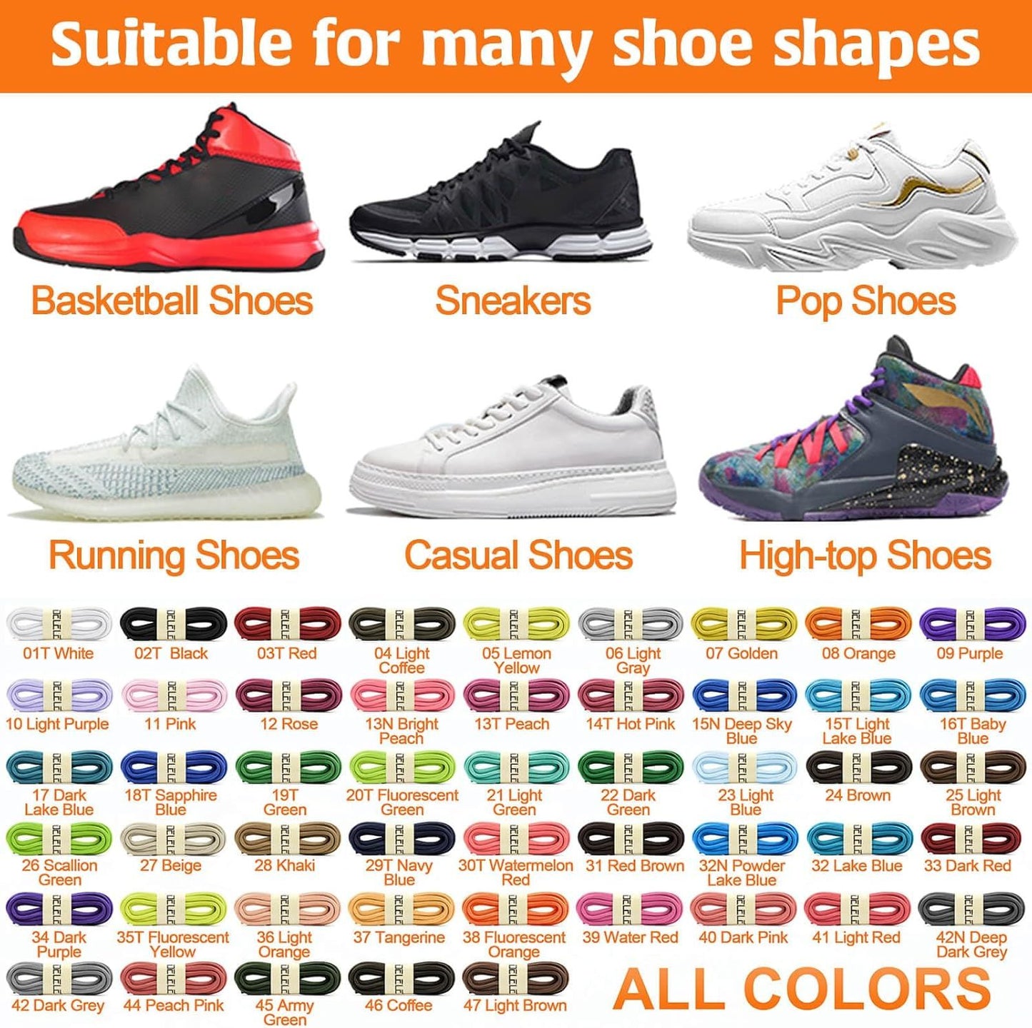 2Pair Oval Shoes laces 42 Colors Hal Round 1/4" Athletic ShoeLaces or Sport/Running Shoes Shoe Strings
