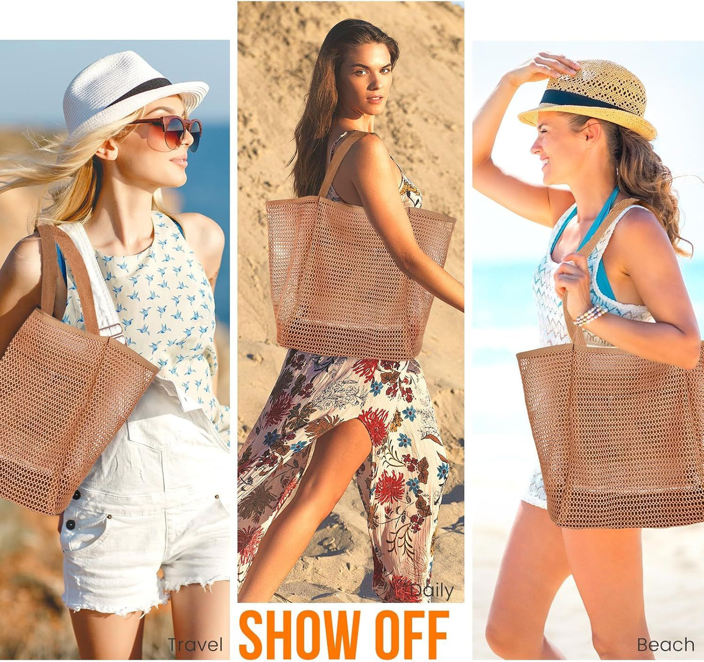 Beach Bags or Women, Summer Travel Mesh Tote Bag with Large Inner Pocket, Sandproo Woven Shoulder Handbag