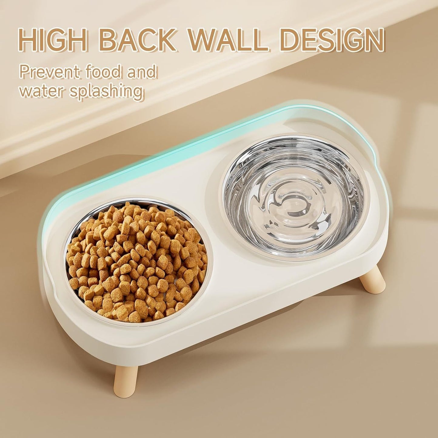 Elevated Cat Bowl, Raised Cat ood and Water Bowl Set or Indoor Cats, Splash Proo with 2 Stainless Steel Pet ood Bowls or Cats and Puppies, Whisker atigue and Dishwasher Sae - White