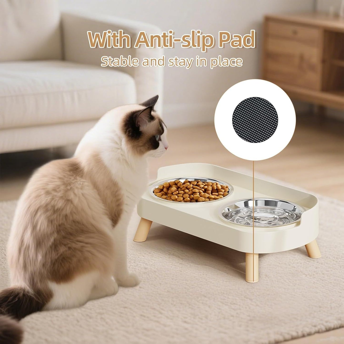 Elevated Cat Bowl, Raised Cat ood and Water Bowl Set or Indoor Cats, Splash Proo with 2 Stainless Steel Pet ood Bowls or Cats and Puppies, Whisker atigue and Dishwasher Sae - White