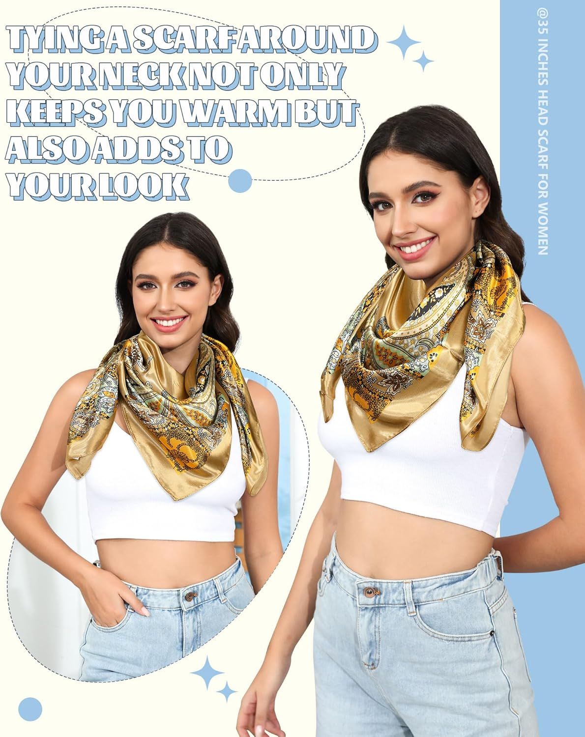 35” Large Square Satin Head Scar - 3Pcs Satin Hair Scarves Silk Bandana Scar Headscar Silk eeling Scar or Women
