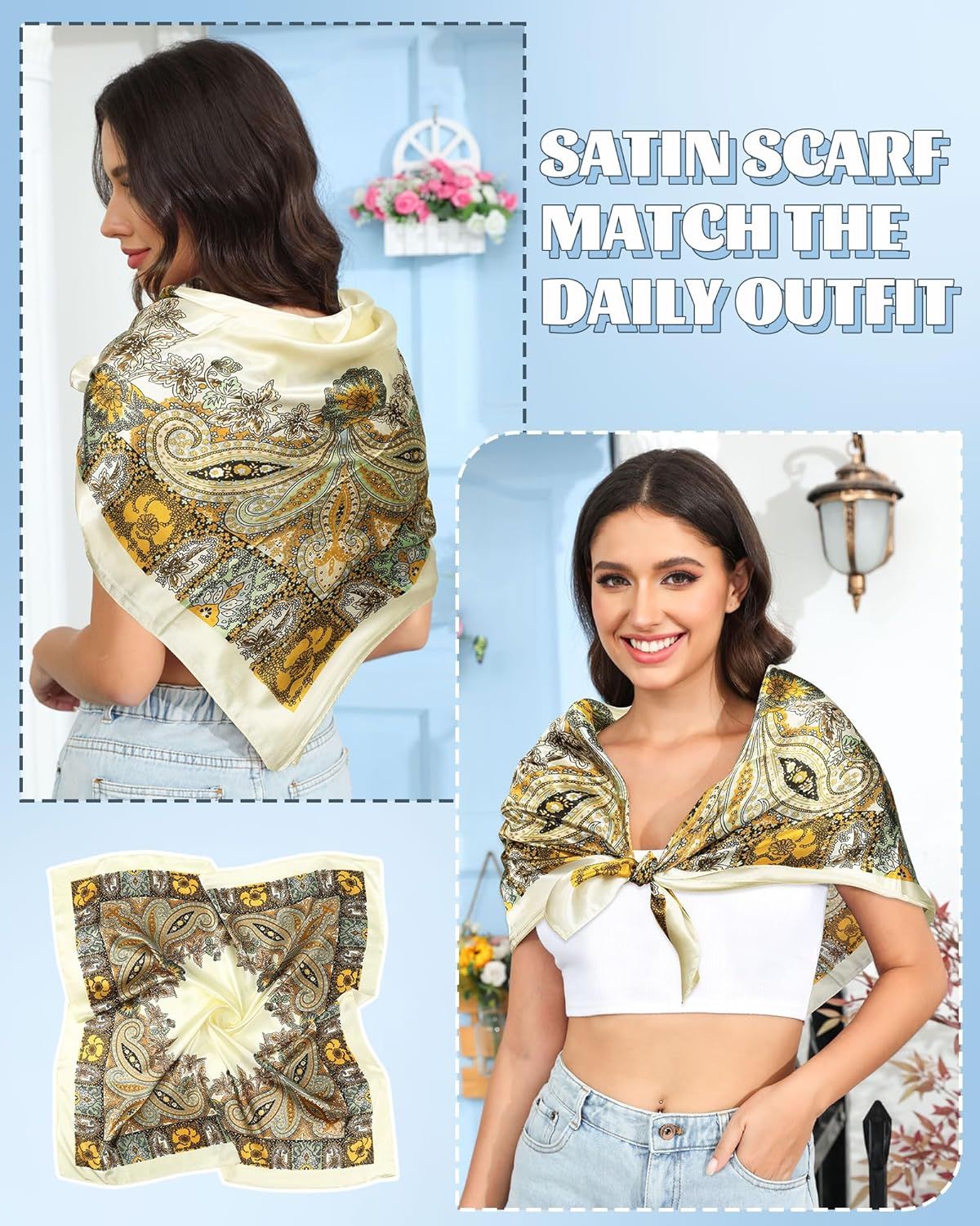 35” Large Square Satin Head Scar - 3Pcs Satin Hair Scarves Silk Bandana Scar Headscar Silk eeling Scar or Women