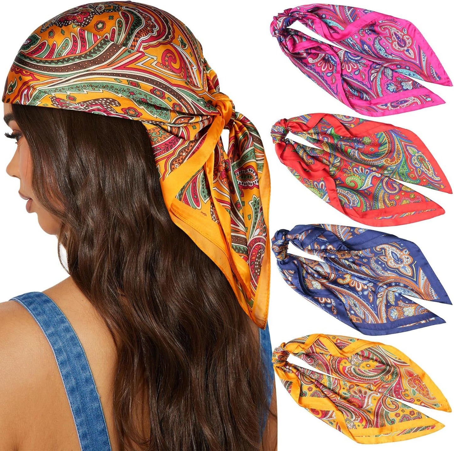 27.5” Silk Satin Square Head Scar - 4PCS Satin Head Scarves or Women Hair Kerchie Bandanas Sleeping Head Wraps