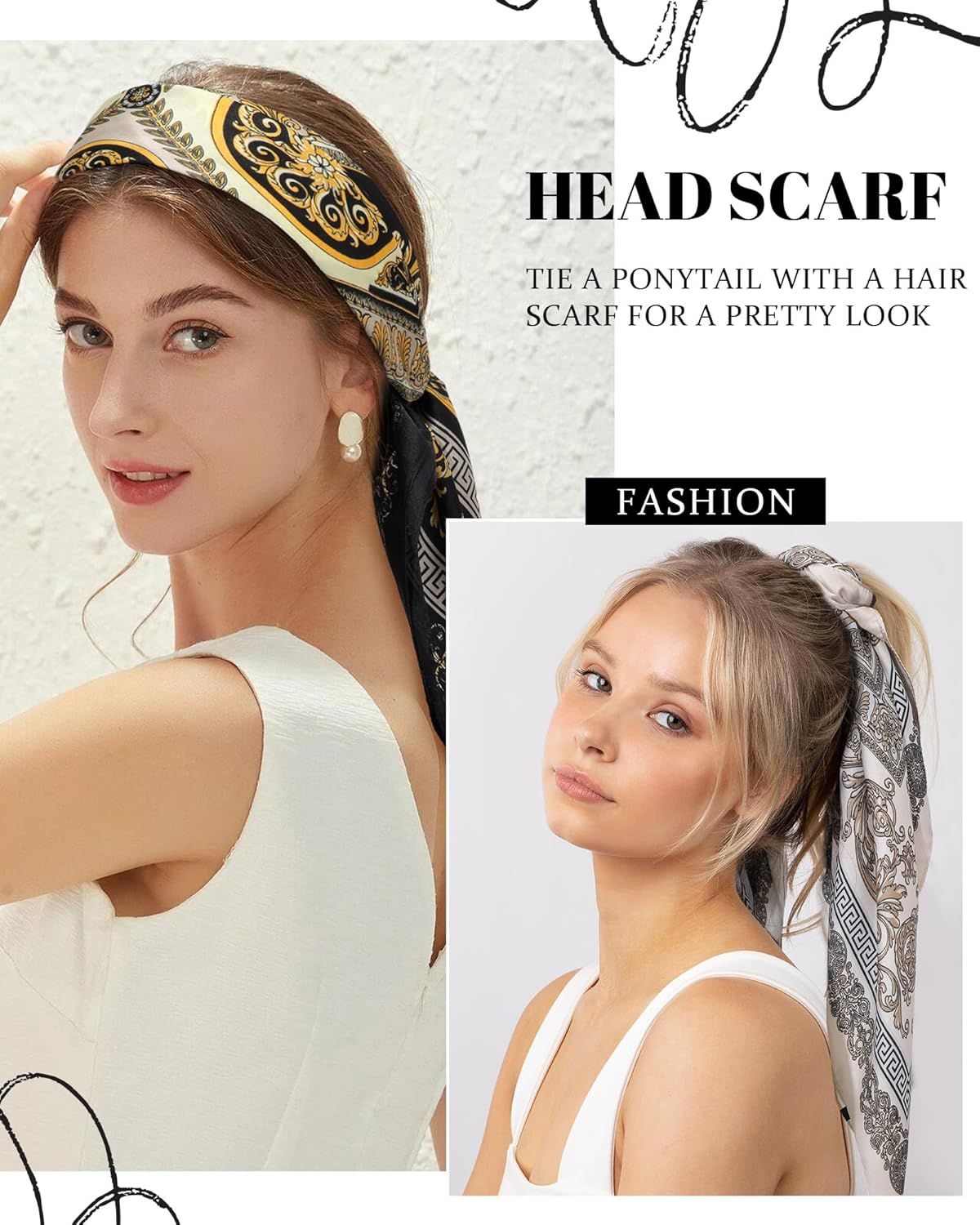 27.5” Satin Head Scar or Women Like Silk Scar Hair Bandanas Women 2Pcs Satin Neck Scar Headscar Hair Wrap