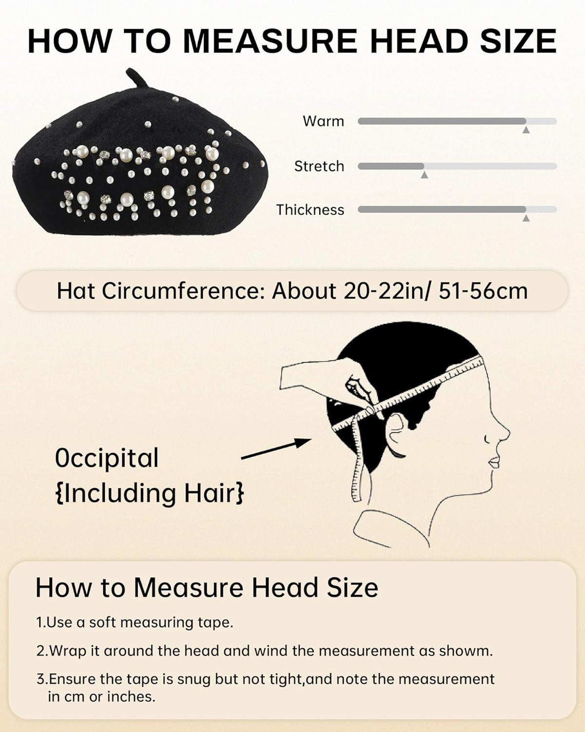 Classic rench Wool Beret with Pearl & Rhinestone Embellishments, Beanie Cap Style Hat or Women and Girls