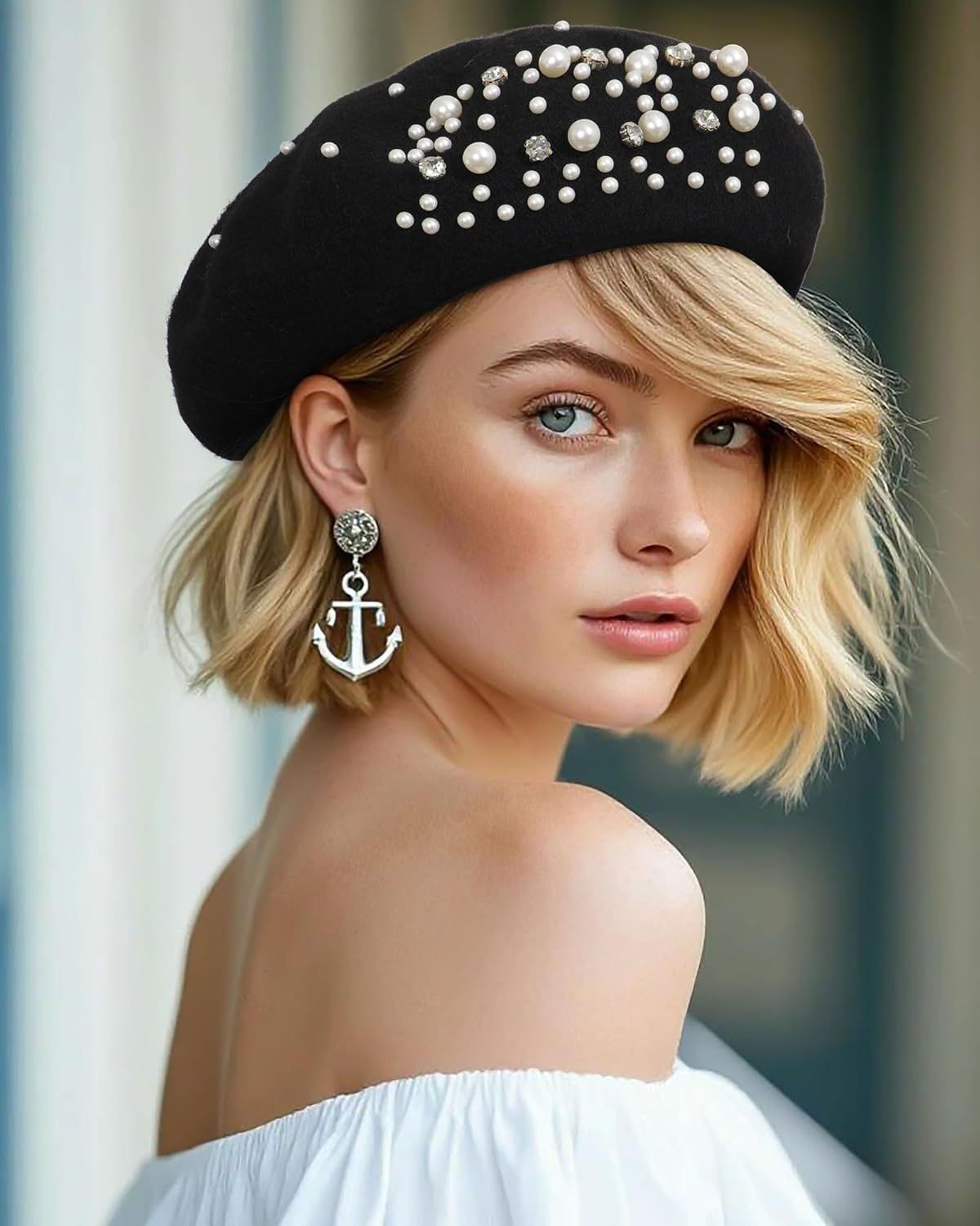 Classic rench Wool Beret with Pearl & Rhinestone Embellishments, Beanie Cap Style Hat or Women and Girls