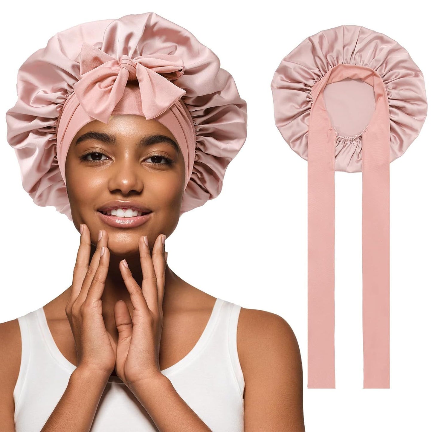 Satin Hair Bonnet with Wide Band Silk Sleeping Bonnets Hair Wrap or Women Girls Night Cap with Tie Band Satin Bonnet (Light Pink)