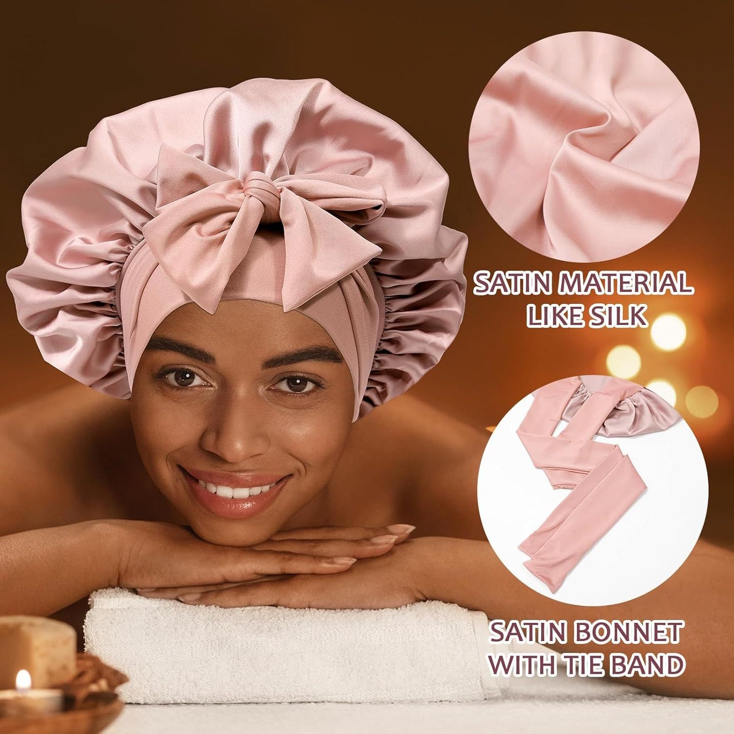 Satin Hair Bonnet with Wide Band Silk Sleeping Bonnets Hair Wrap or Women Girls Night Cap with Tie Band Satin Bonnet (Light Pink)