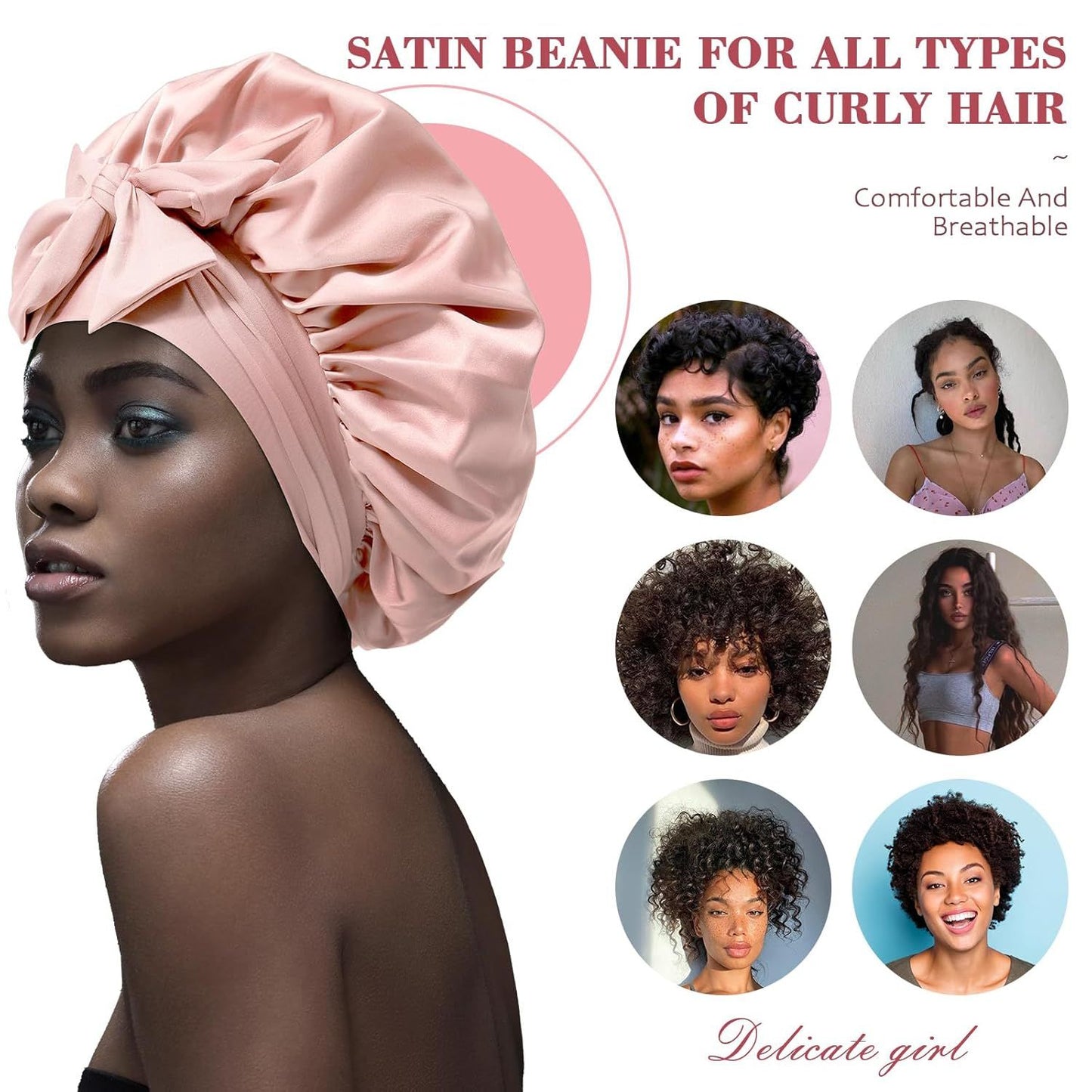 Satin Hair Bonnet with Wide Band Silk Sleeping Bonnets Hair Wrap or Women Girls Night Cap with Tie Band Satin Bonnet (Light Pink)