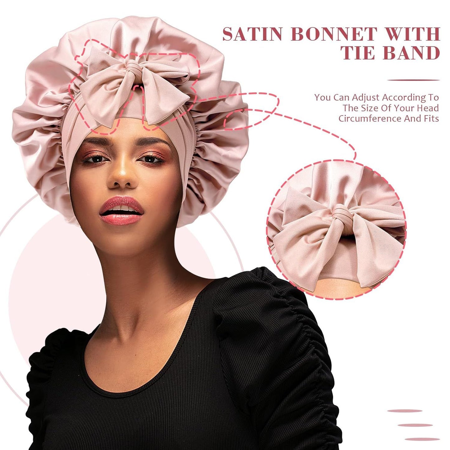 Satin Hair Bonnet with Wide Band Silk Sleeping Bonnets Hair Wrap or Women Girls Night Cap with Tie Band Satin Bonnet (Light Pink)