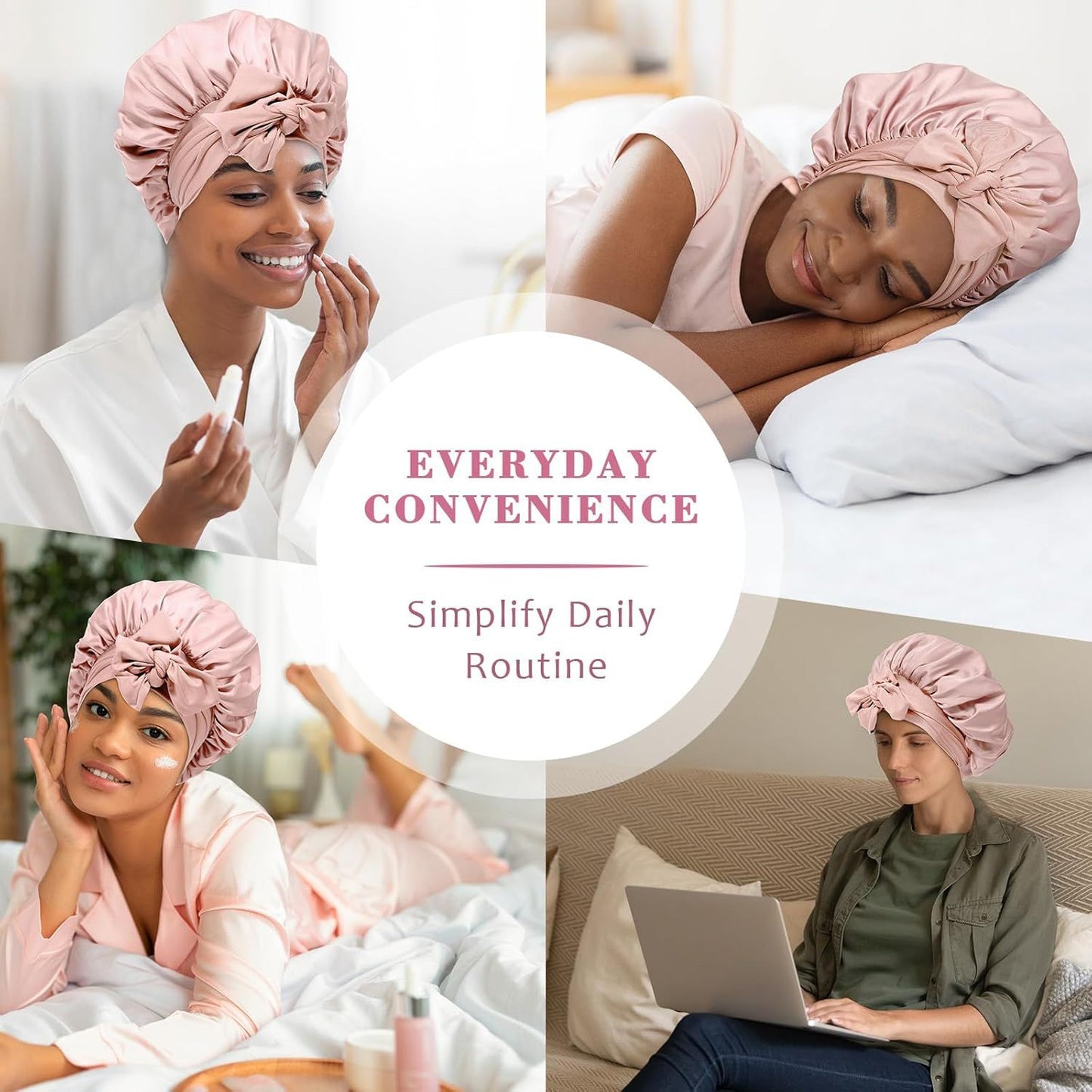 Satin Hair Bonnet with Wide Band Silk Sleeping Bonnets Hair Wrap or Women Girls Night Cap with Tie Band Satin Bonnet (Light Pink)