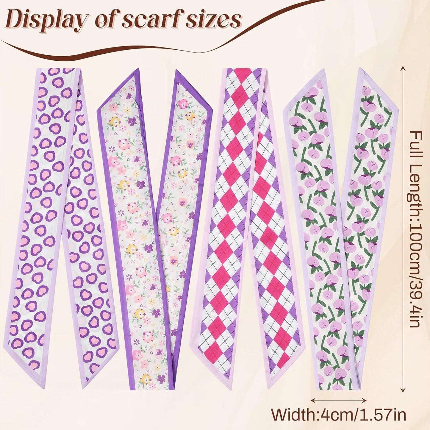 4Pcs Twilly Scar or Handbags 5.9" x 59" Silk-Like Satin Skinny Neck Scar or Purse Lightweight Headband Hair Tie