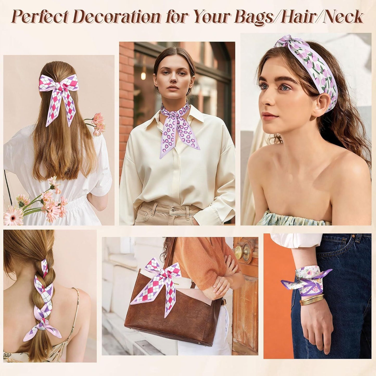 4Pcs Twilly Scar or Handbags 5.9" x 59" Silk-Like Satin Skinny Neck Scar or Purse Lightweight Headband Hair Tie