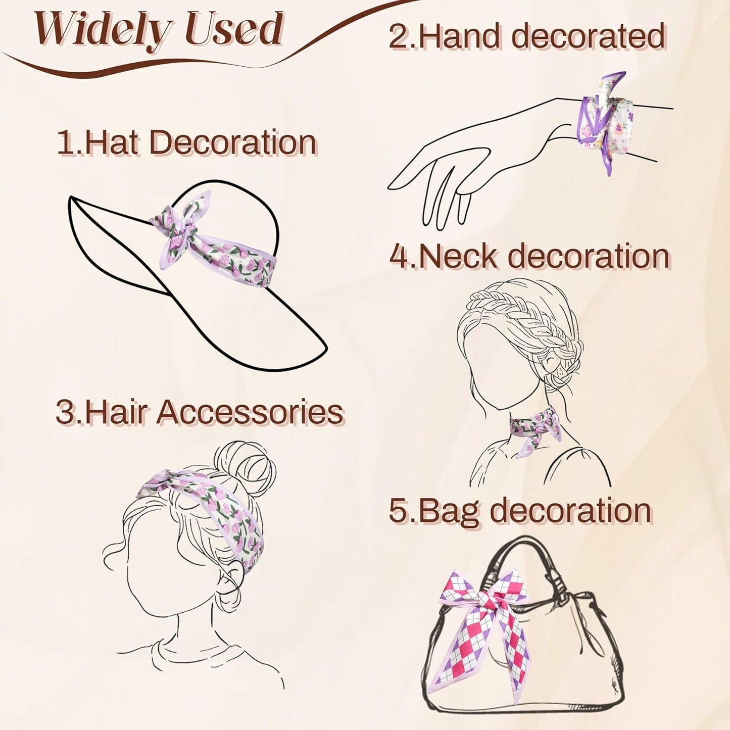 4Pcs Twilly Scar or Handbags 5.9" x 59" Silk-Like Satin Skinny Neck Scar or Purse Lightweight Headband Hair Tie