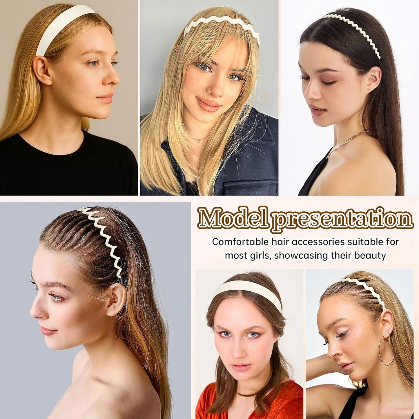Plastic Matte Zig Zag Headbands or Women, Non Slip with Teeth, 8 Pack (Cream, One size)