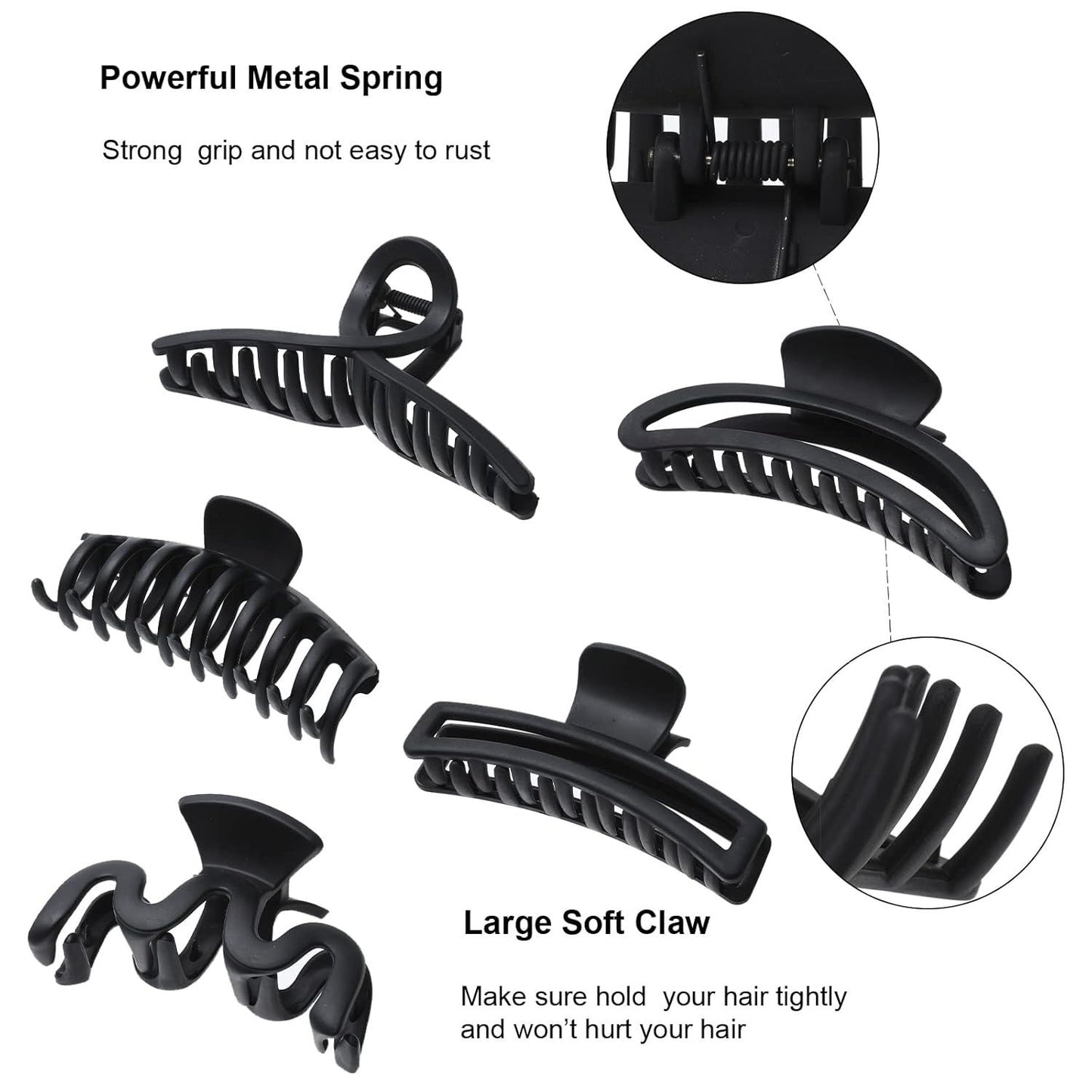 5PCS Large Claw Hair Clips or Thick Hair Big Banana Hair Clips or Women Nonslip Strong Hold Hair Claw Clip (Matte Black)