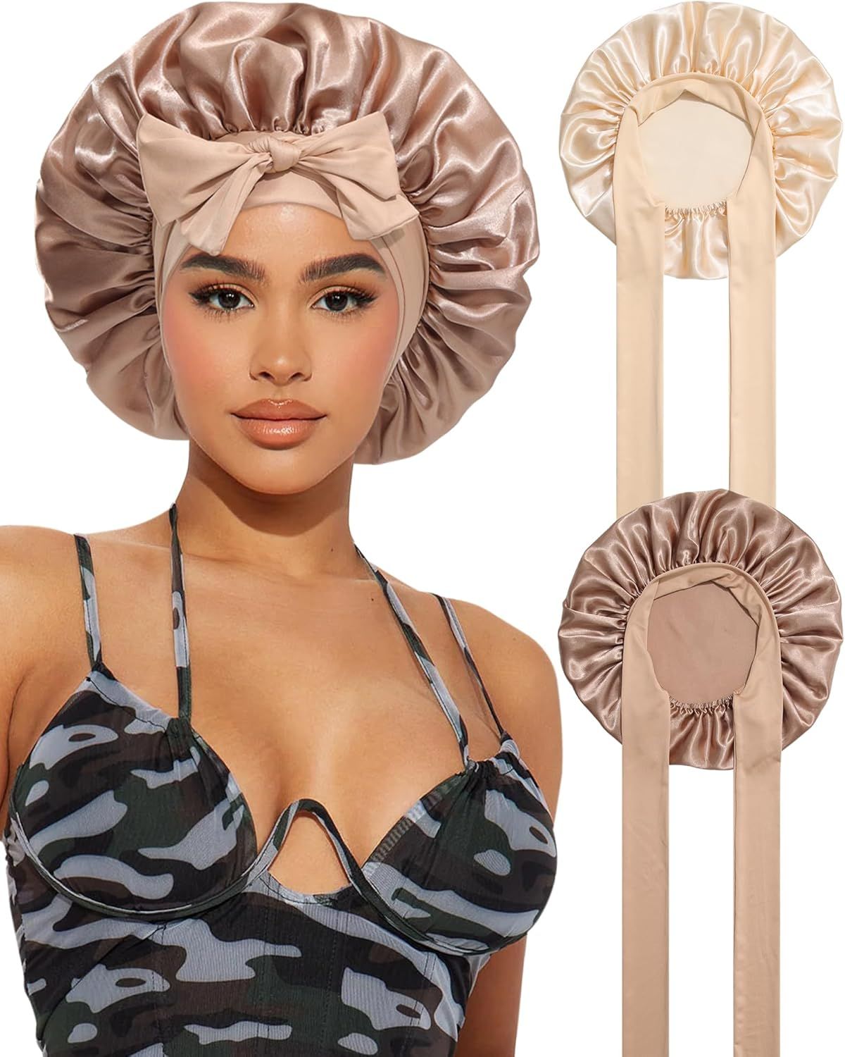 2PCS Satin Bonnets Silk Bonnet or Sleeping Women Curly Hair Bonnet with Tie Band Bonnets Sleep Cap