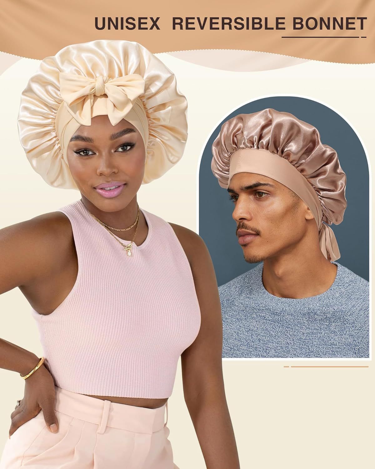 2PCS Satin Bonnets Silk Bonnet or Sleeping Women Curly Hair Bonnet with Tie Band Bonnets Sleep Cap