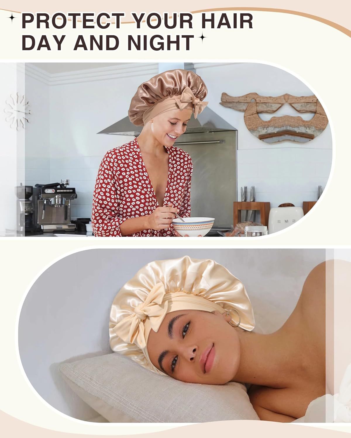 2PCS Satin Bonnets Silk Bonnet or Sleeping Women Curly Hair Bonnet with Tie Band Bonnets Sleep Cap